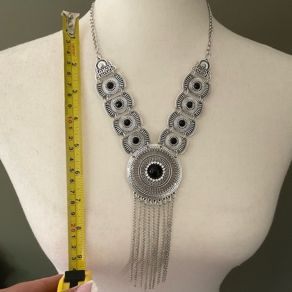 Boho Tribal Silver & Black Tassel Statement Necklace - Picture 9 of 9